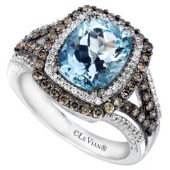 LeVian 14K White Gold Aqua Round Chocolate Brown Diamond Two-Halo Cocktail Ring
