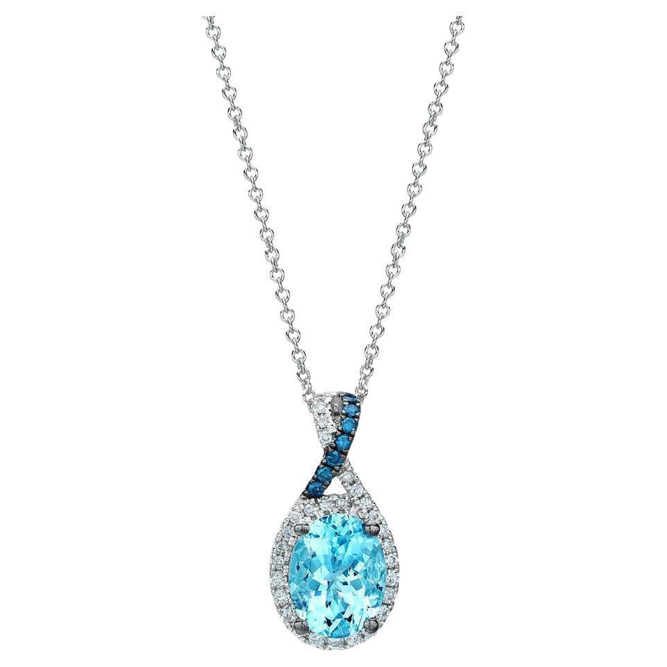 Le Vian 14K White Gold Aquamarine Round Blue Diamond Beautiful Pendant Necklace For Sale