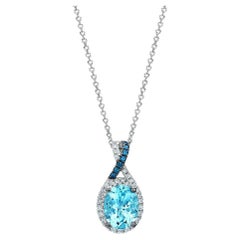 Le Vian 14K White Gold Aquamarine Round Blue Diamond Beautiful Pendant Necklace