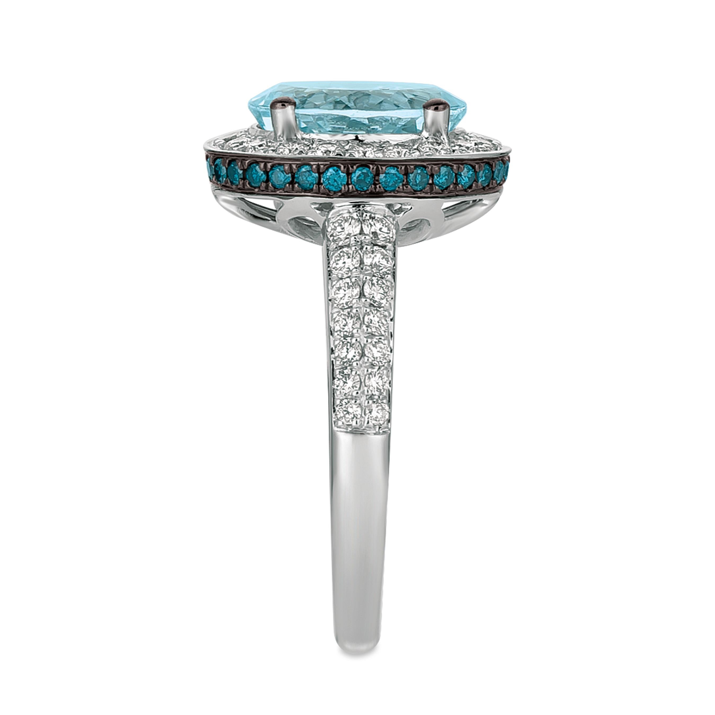 LeVian 14K White Gold Aquamarine Round Blue Diamond Pretty Classy Cocktail Ring
