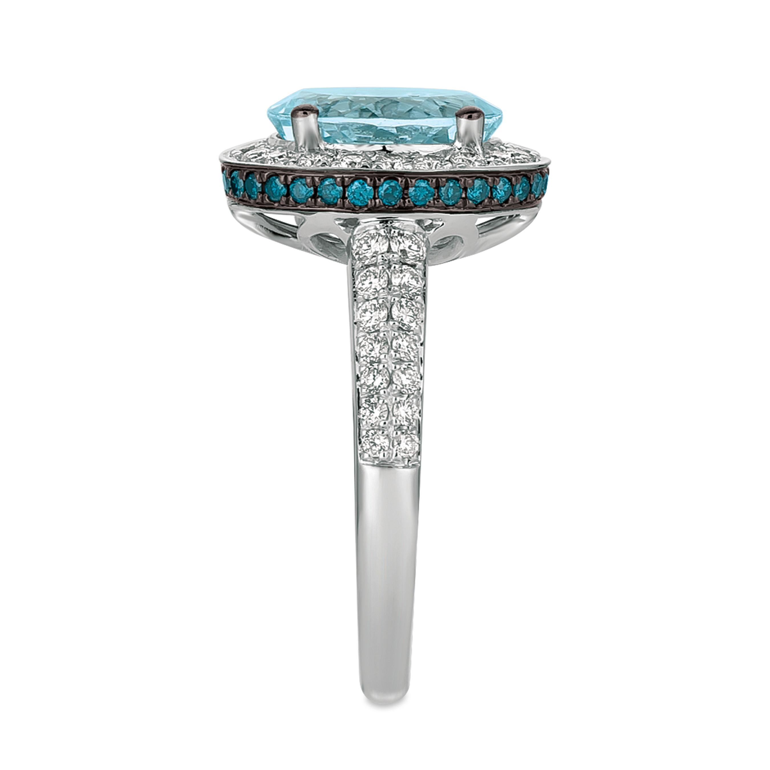 LeVian 14K White Gold Aquamarine Round Blue Diamond Pretty Fancy Cocktail Ring

