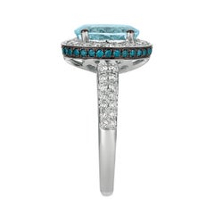 LeVian 14K White Gold Aquamarine Round Blue Diamond Pretty Fancy Cocktail Ring