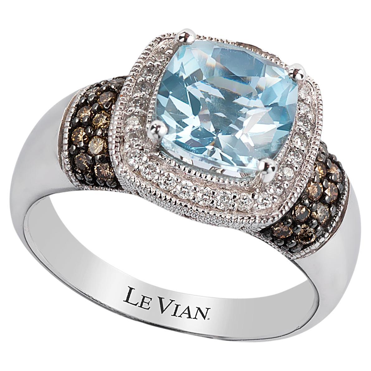 Le Vian 14K White Gold Aquamarine Round Chocolate Brown Diamond Cocktail Ring For Sale