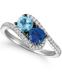 LeVian 14K White Gold Aquamarine Tanzanite Round Diamond Classic Cocktail Ring