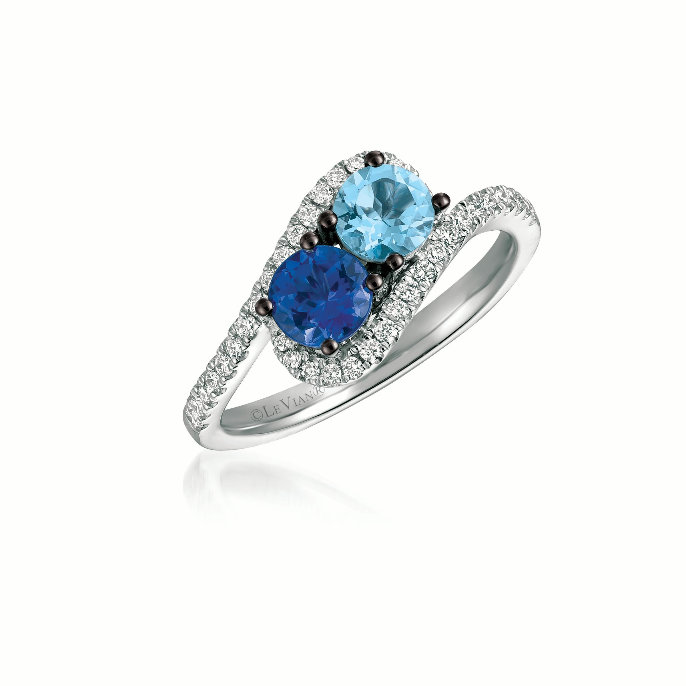 LeVian 14K White Gold Aquamarine Tanzanite Round Diamond Classic Cocktail Ring In New Condition For Sale In Great Neck, NY