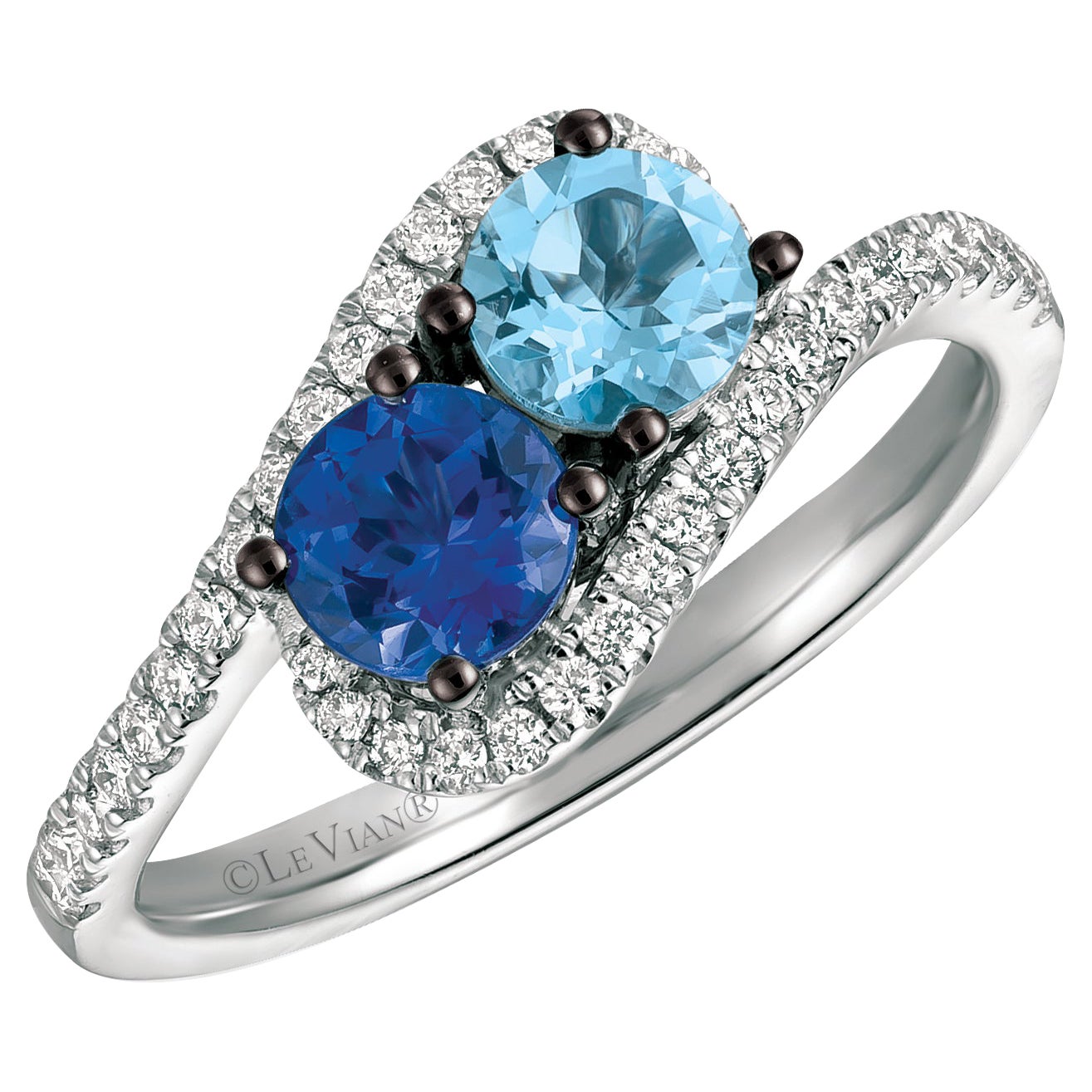 Anello cocktail classico LeVian in oro bianco 14K con acquamarina e tanzanite, diamante rotondo