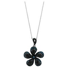 LeVian 14K White Gold Blue & Black Diamond Flower Floral Pavé Pendant Necklace