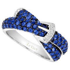 LeVian 14K White Gold Blue Ceylon Sapphire Round Diamond Cocktail Buckle Ring