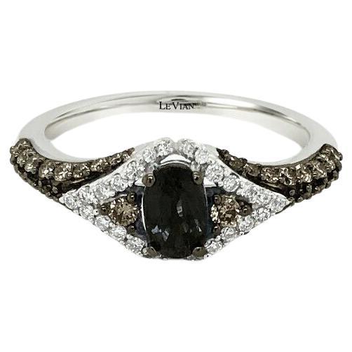 LeVian 14K White Gold Blue Sapphire Chocolate Brown Round Diamond Cocktail Ring For Sale