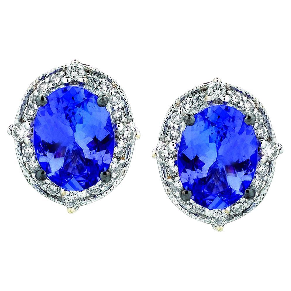 LeVian 14K White Gold Blue Tanzanite Round Diamond Fancy Beautiful Earrings