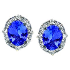 LeVian 14K White Gold Blue Tanzanite Round Diamond Fancy Beautiful Earrings