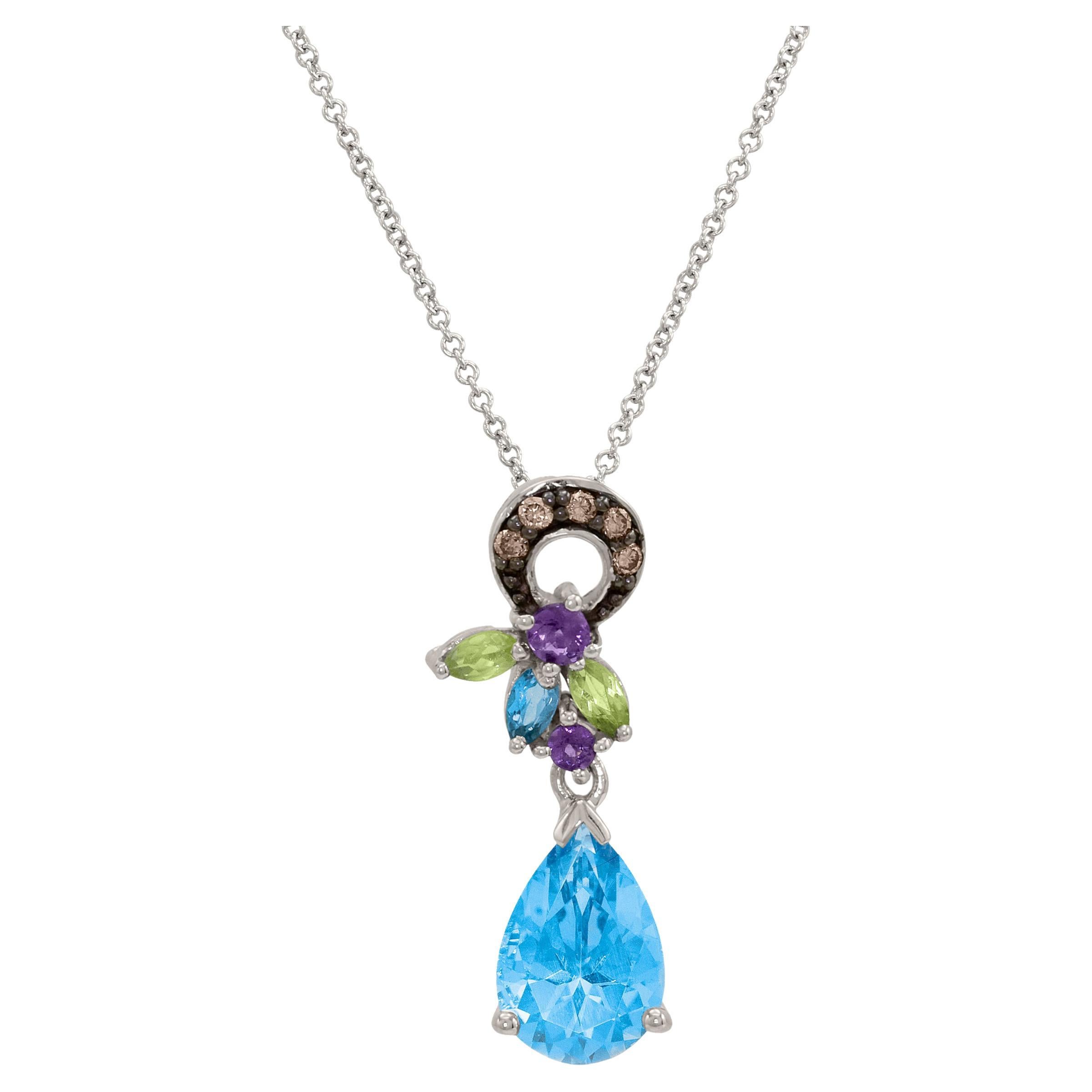 LeVian 14K White Gold Blue Topaz Peridot Amethyst Brown Diamond Pendant Necklace