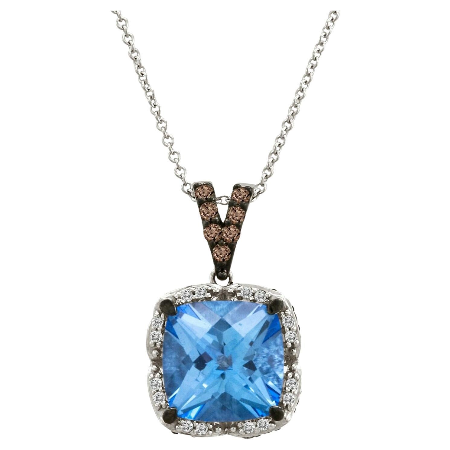 LeVian 14K White Gold Blue Topaz Round Chocolate Brown Diamond Pendant Necklace For Sale