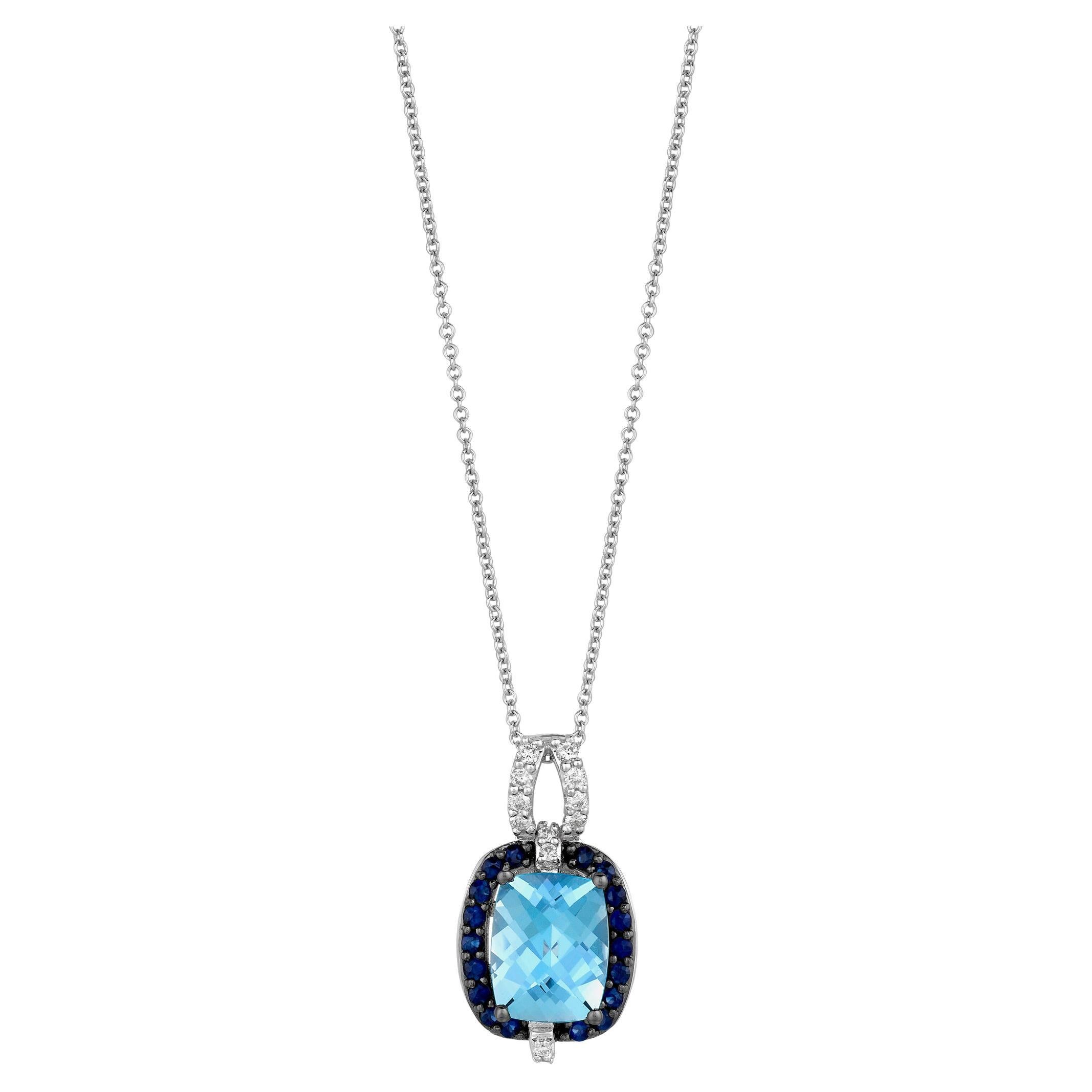 Levian 14K White Gold Blue Topaz Sapphire Diamond Halo Pendant Necklace For Sale