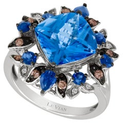 LeVian 14K White Gold Blue Topaz Sapphire White/Chocolate Diamond Ring, S 5.5
