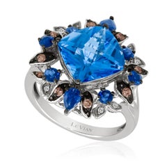 LeVian 14K White Gold Blue Topaz Sapphire White/Chocolate Diamond Ring