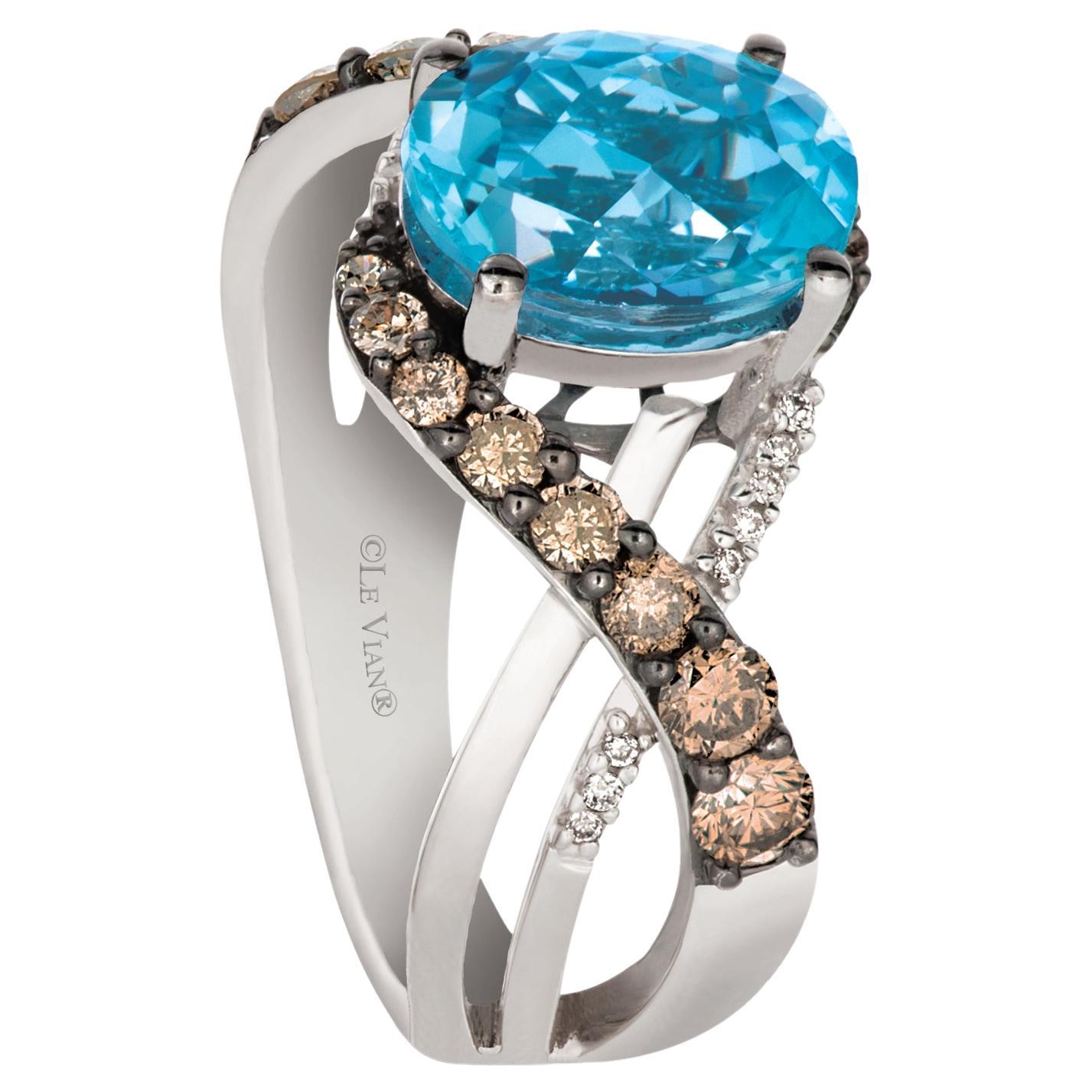 Levian 14K White Gold Blue Topaz White Chocolate Diamond Fashion Ring For Sale
