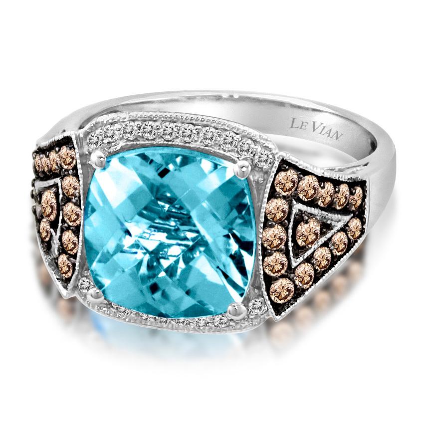 LeVian 14K White Gold Blue Topaz White/Chocolate Diamond Statement Ring