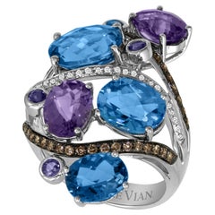 LeVian 14K White Gold Blue/White Topaz Amethyst Iolite Chocolate Diamond Ring S7