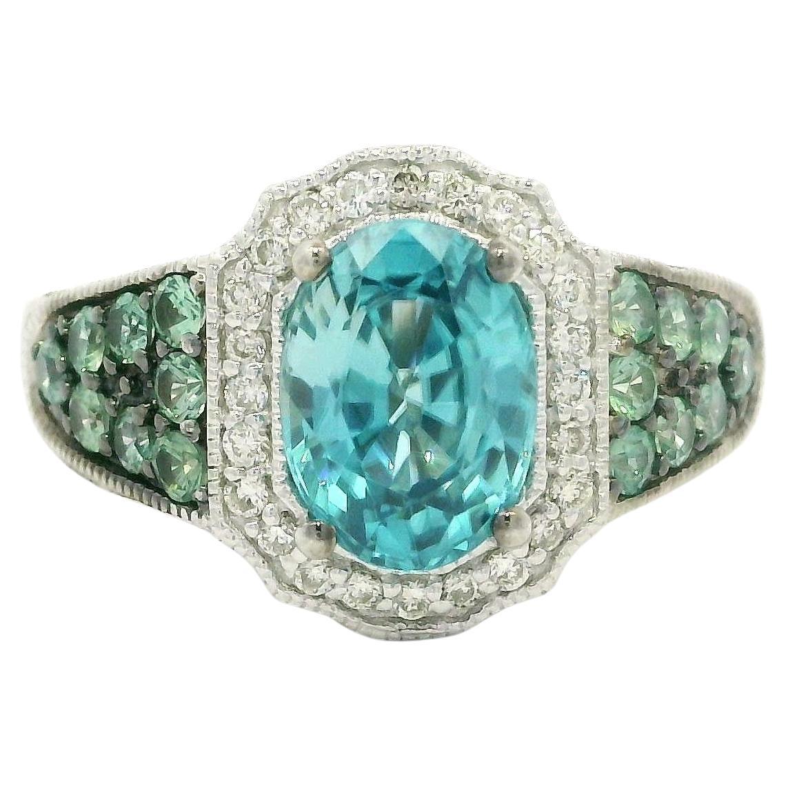 LeVian 14k White Gold Blue Zircon Diamond Halo Pave Green Alexandrite Ring