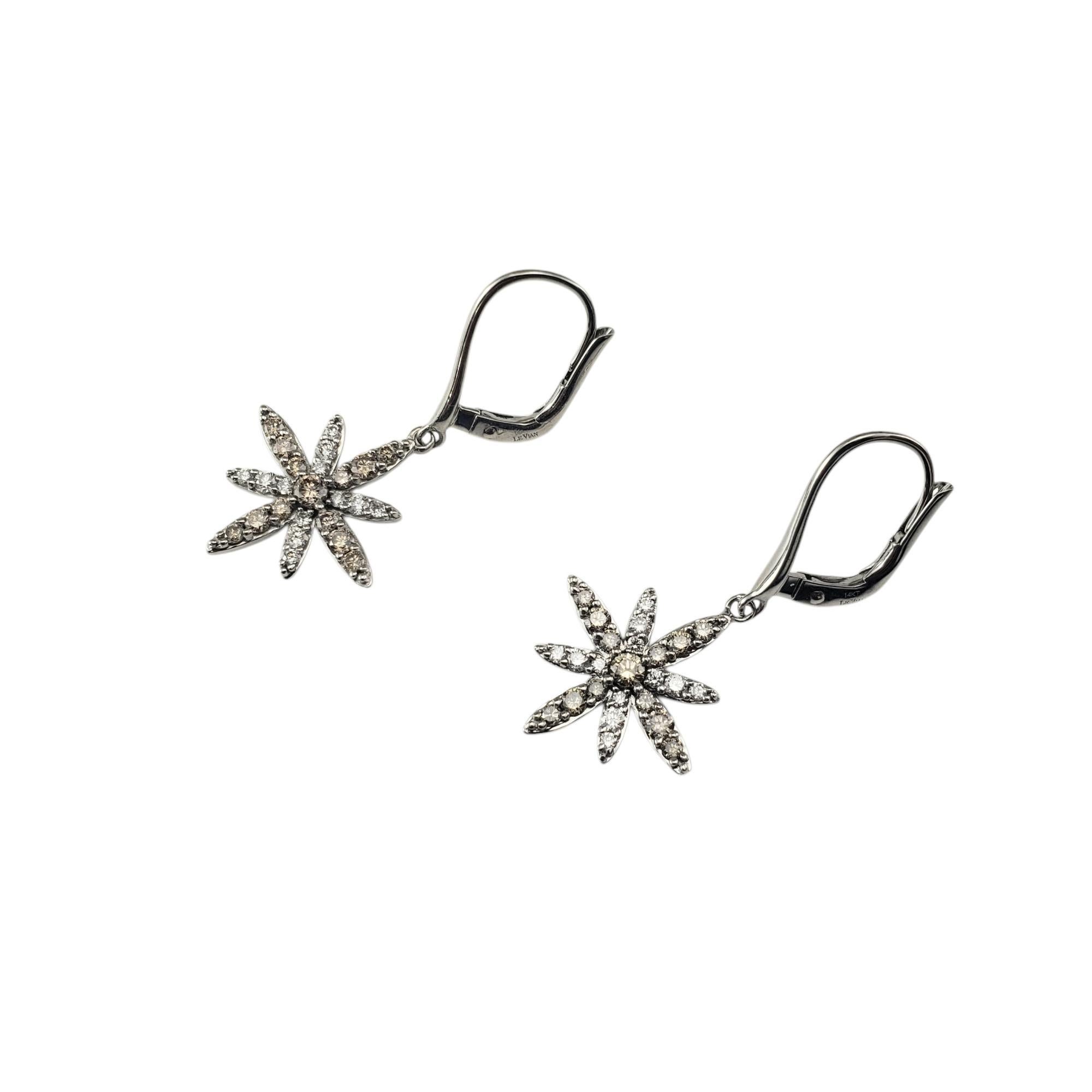 LeVian 14 Karat White Gold Champagne and White Diamond Starburst Dangle Earrings-

These sparkling dangle 14K white gold earrings each feature 13 champagne brilliant cut diamonds and 12 white brilliant cut diamonds set in a lovely starburst design.