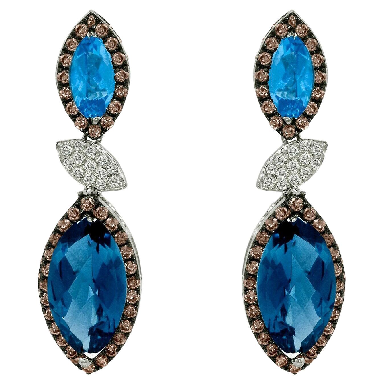 Le Vian 14K White Gold Earrings Blue Topaz Brown Diamonds White Diamonds For Sale