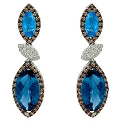 Le Vian 14K White Gold Earrings Blue Topaz Brown Diamonds White Diamonds