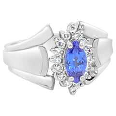 Cocktail-Ring, 14 Karat Weißgold Marquise Tansanit runder Diamant Fancy Halo