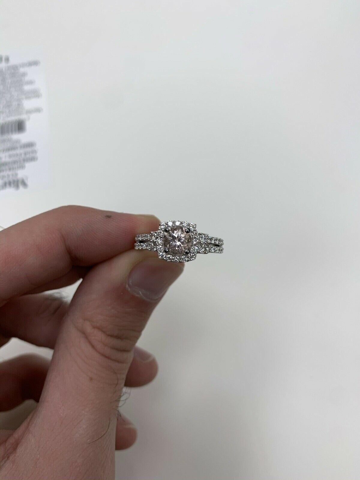 LeVian 14K White Gold Morganite Round Brown Diamond Split Shank Bridal Halo Ring In New Condition For Sale In Great Neck, NY
