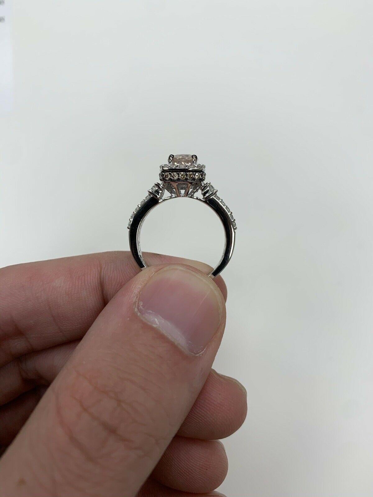 Women's or Men's LeVian 14K White Gold Morganite Round Brown Diamond Split Shank Bridal Halo Ring For Sale