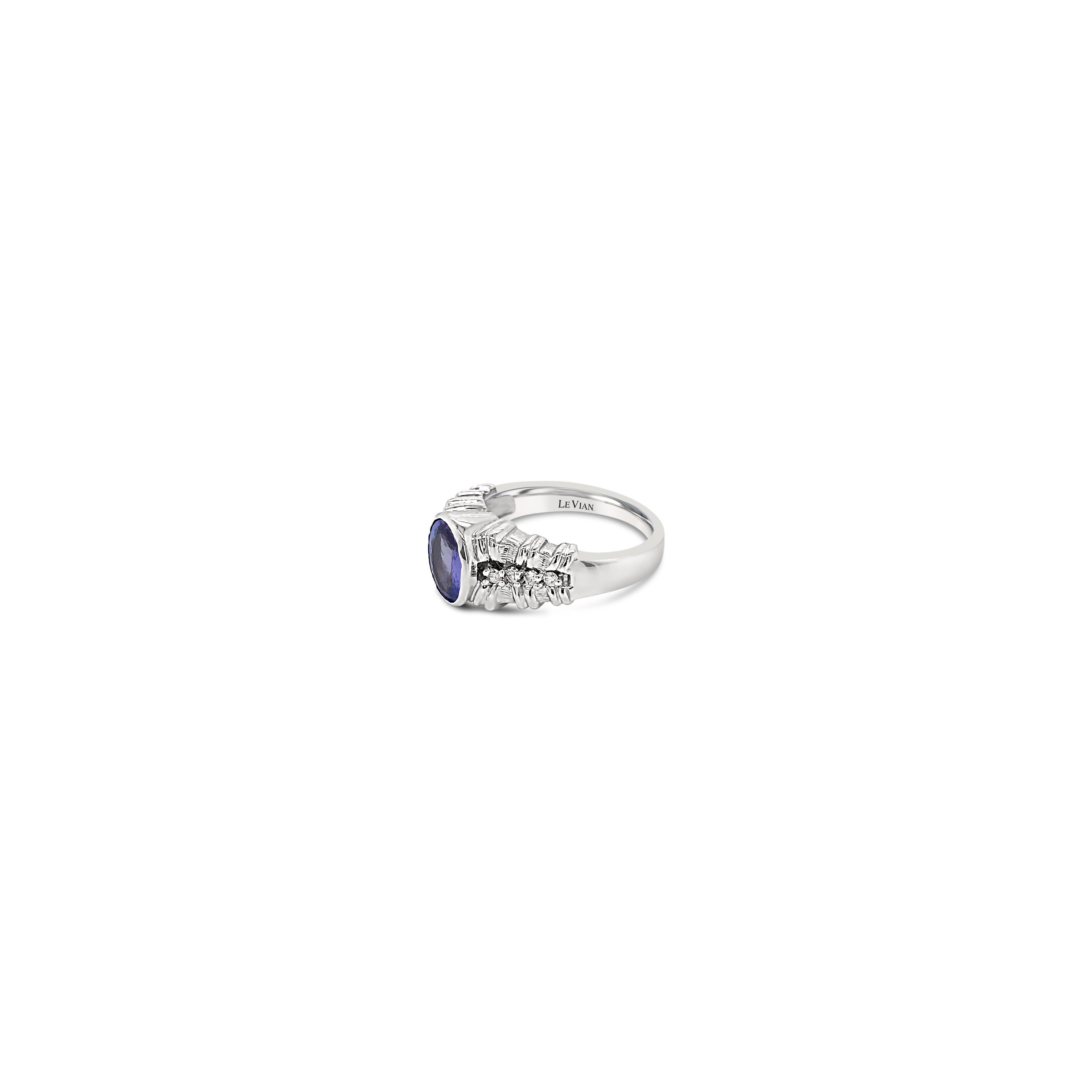 LeVian 14K White Gold Oval Blue Tanzanite Gemstone Round Diamond Cocktail Ring In New Condition For Sale In Great Neck, NY
