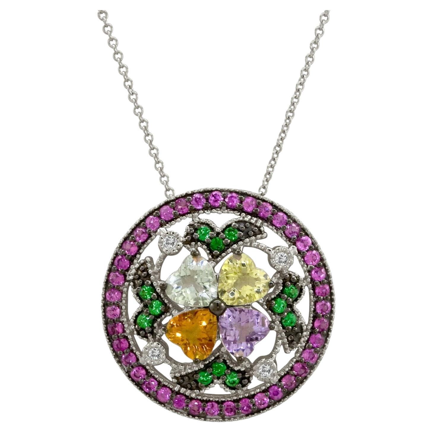 Collana con ciondolo LeVian in oro bianco 14K con zaffiro rosa e tsavorite e diamante rotondo