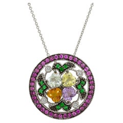 LeVian 14K White Gold Pink Sapphire Tsavorite Round Diamond Pendant Necklace