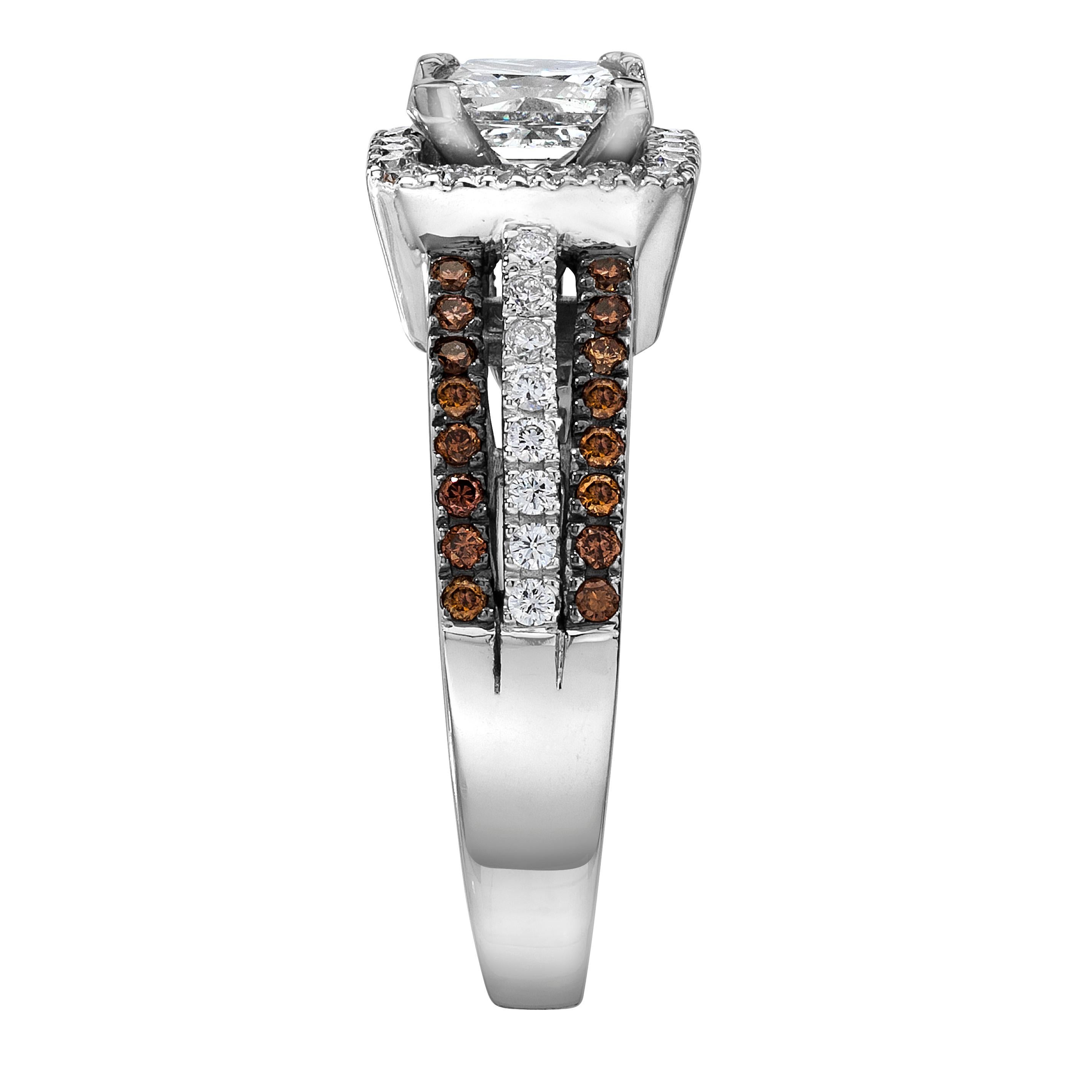 LeVian 14K White Gold Princess Round Chocolate Brown Diamond Wedding Halo Ring For Sale