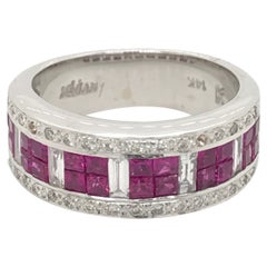 LeVian 14K White Gold Red Ruby Round Baguette Diamond Pretty Cocktail Band Ring