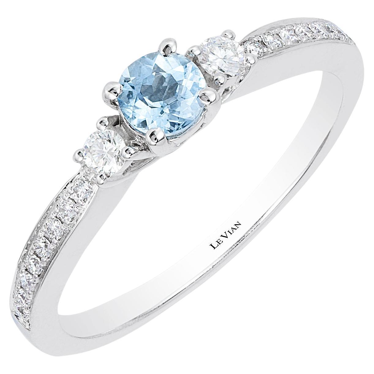 Levian 14K White Gold Round Aquamarine Diamond Three Stone Ring