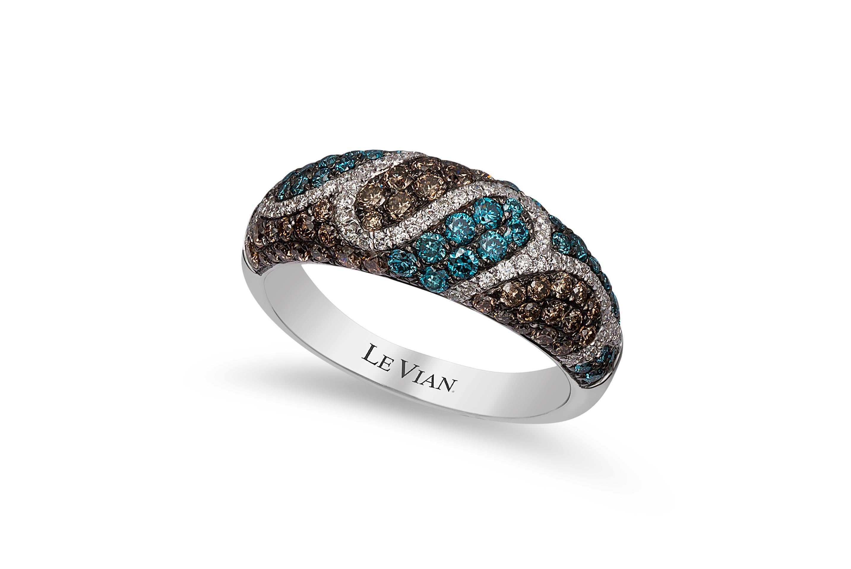 LeVian 14K White Gold Round Blue Chocolate Brown Diamond Classic Cocktail Ring In New Condition For Sale In Great Neck, NY