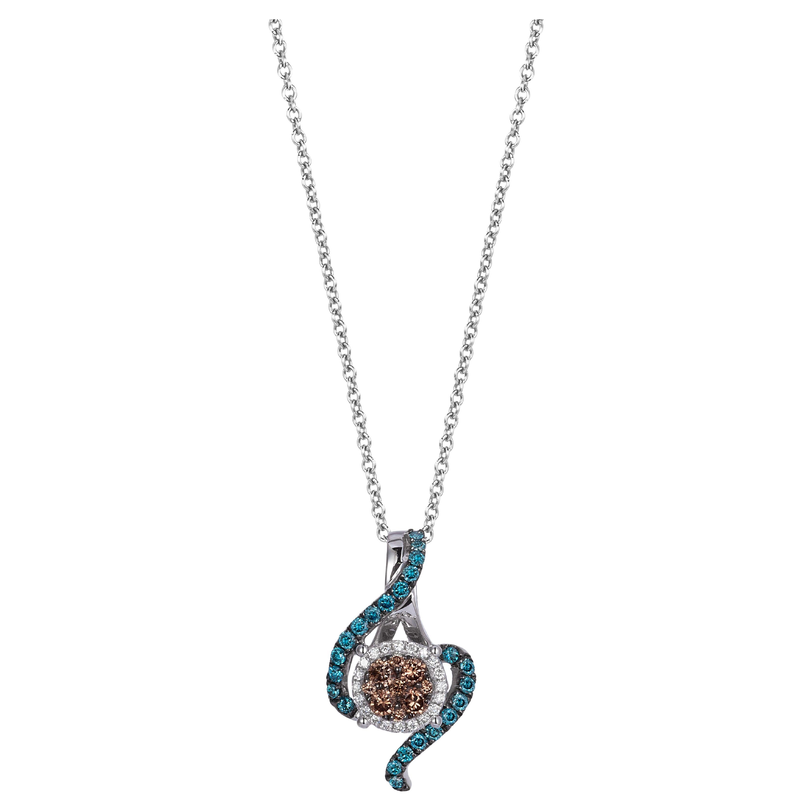 LeVian 14K White Gold Round Blue Chocolate Brown Diamond Fancy Pendant Necklace For Sale