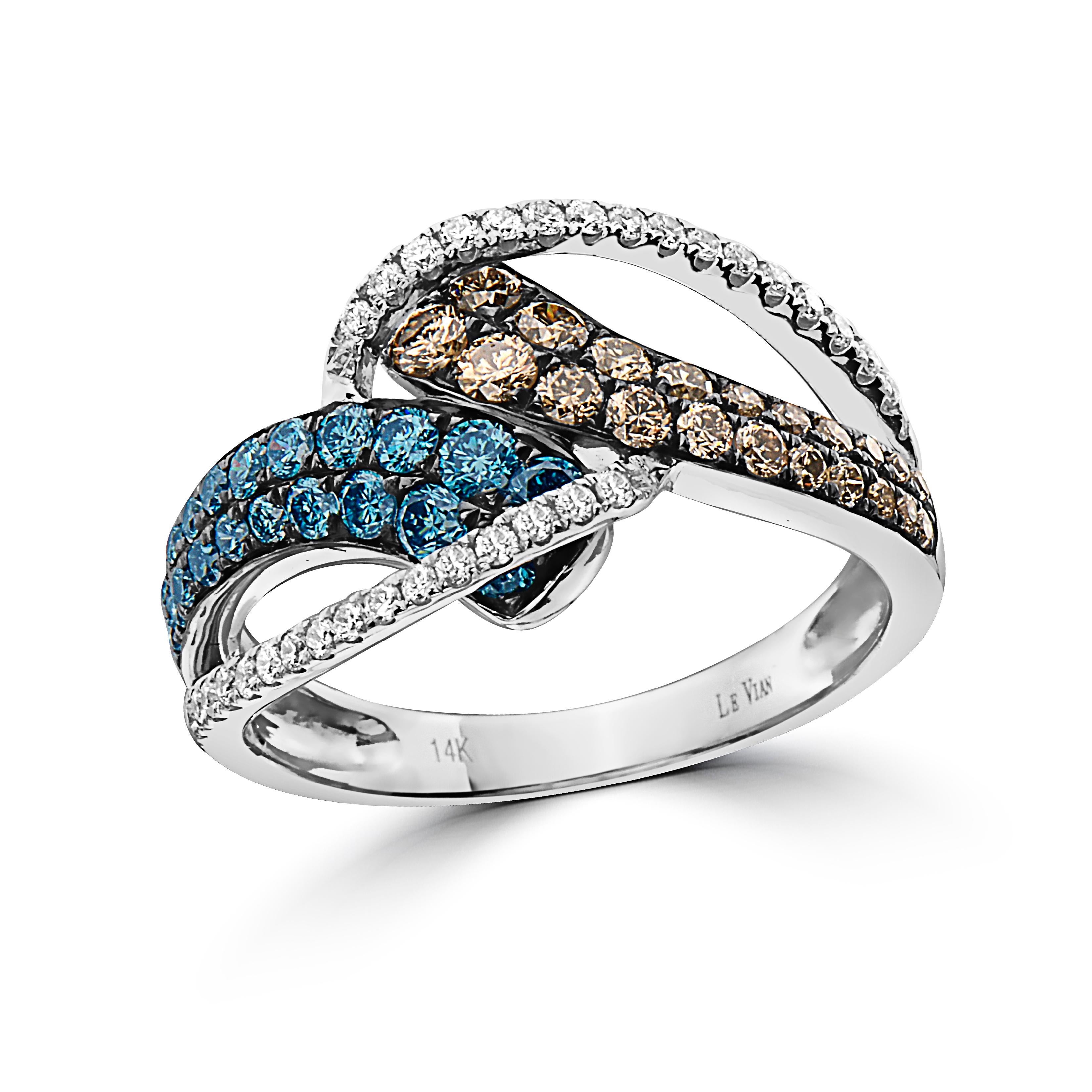 LeVian 14K White Gold Round Blue Chocolate Brown Diamonds Classy Cocktail Ring
