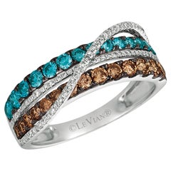 LeVian 14K Oro Blanco Redondo Azul Chocolate Marrón Diamantes Bonito Anillo de Cóctel