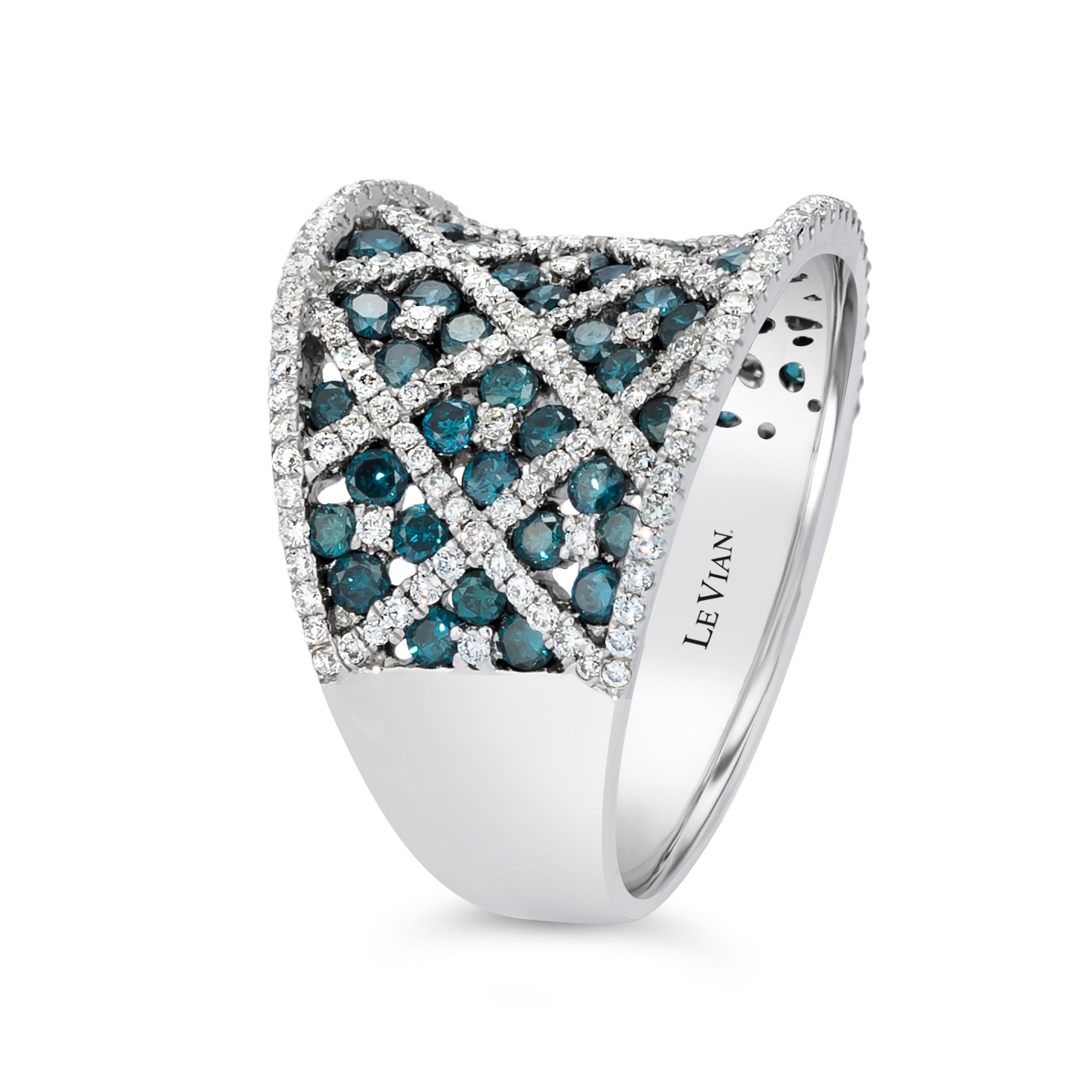 LeVian 14K White Gold Round Blue Diamond Classic Beautiful Fancy Cocktail Ring In New Condition In Great Neck, NY