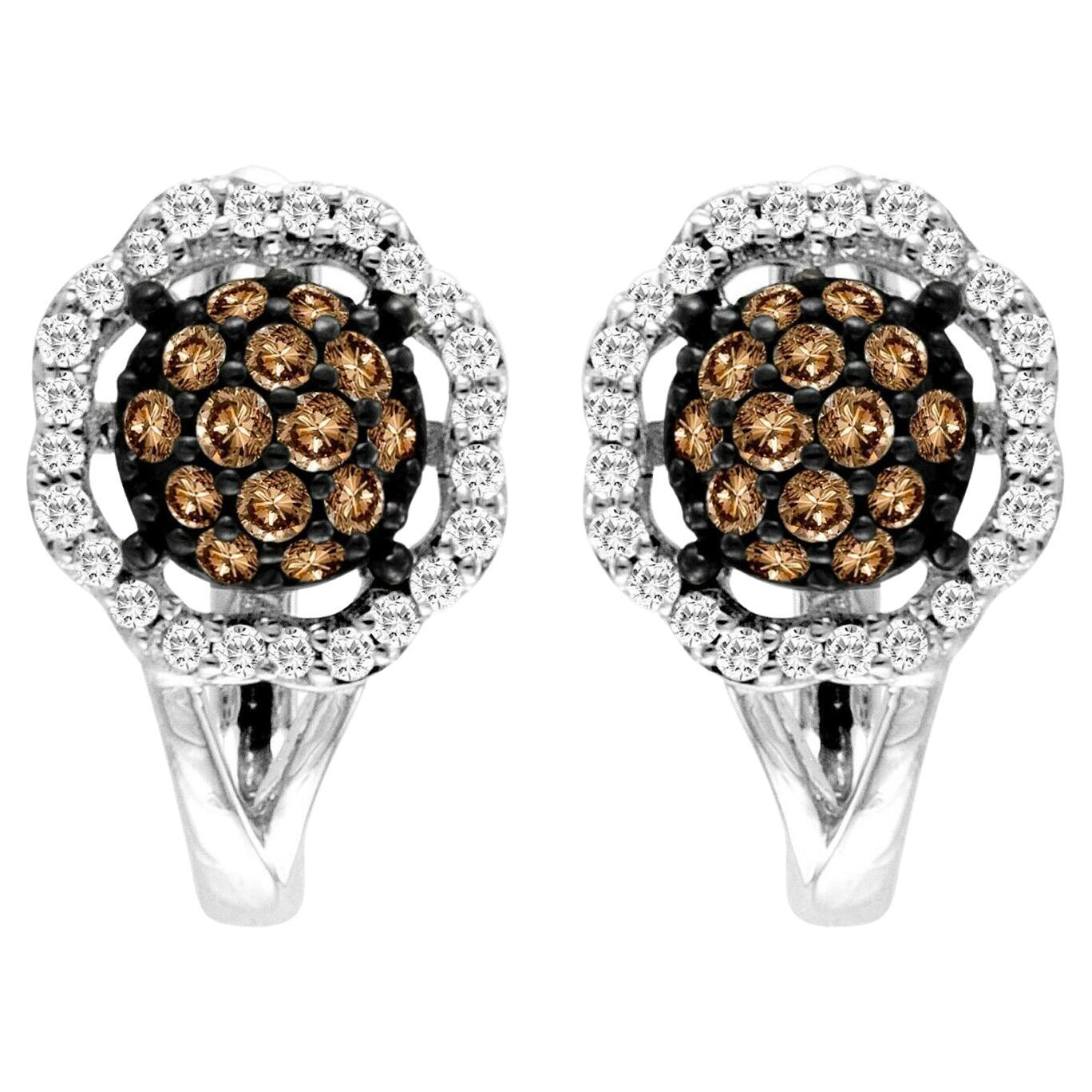Le Vian 14K White Gold Round Brown Diamond Beautiful Classic Cluster Earrings For Sale