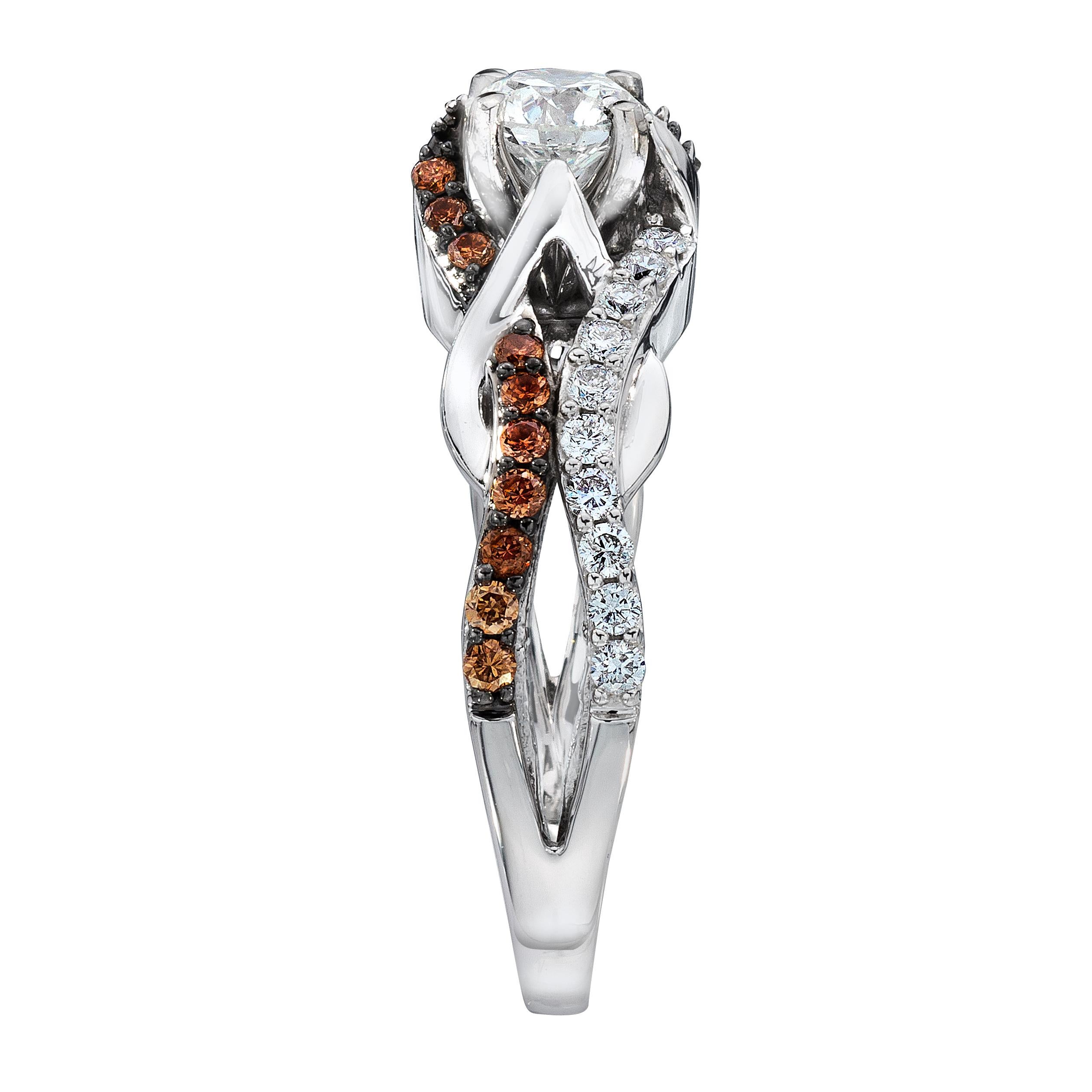 LeVian 14K White Gold Round Chocolate Brown Diamond Bridal Split Shank Ring In New Condition For Sale In Great Neck, NY