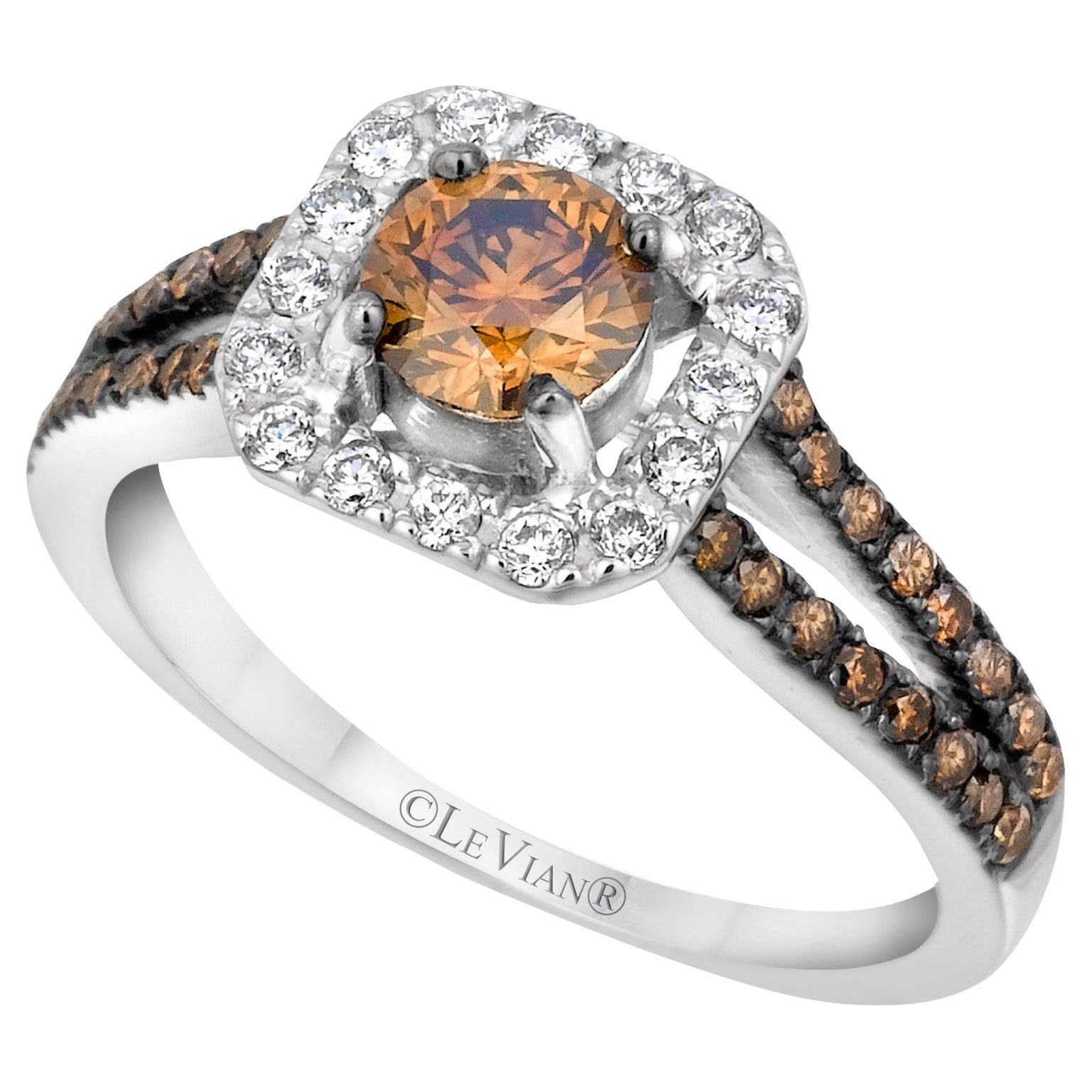 LeVian Bague de mariage en or blanc 14 carats avec halo de diamants ronds brun chocolat en vente