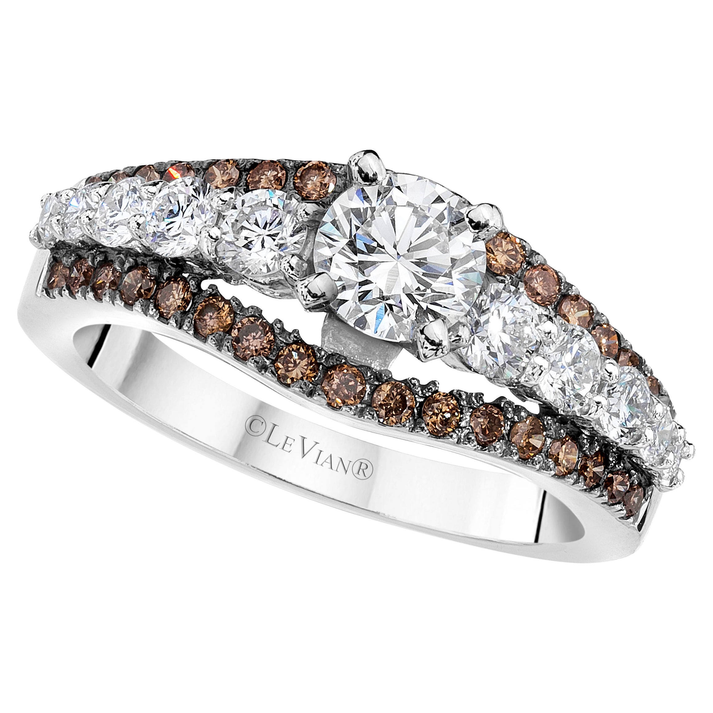Anello nuziale LeVian in oro bianco 14K con diamante rotondo marrone e cioccolato