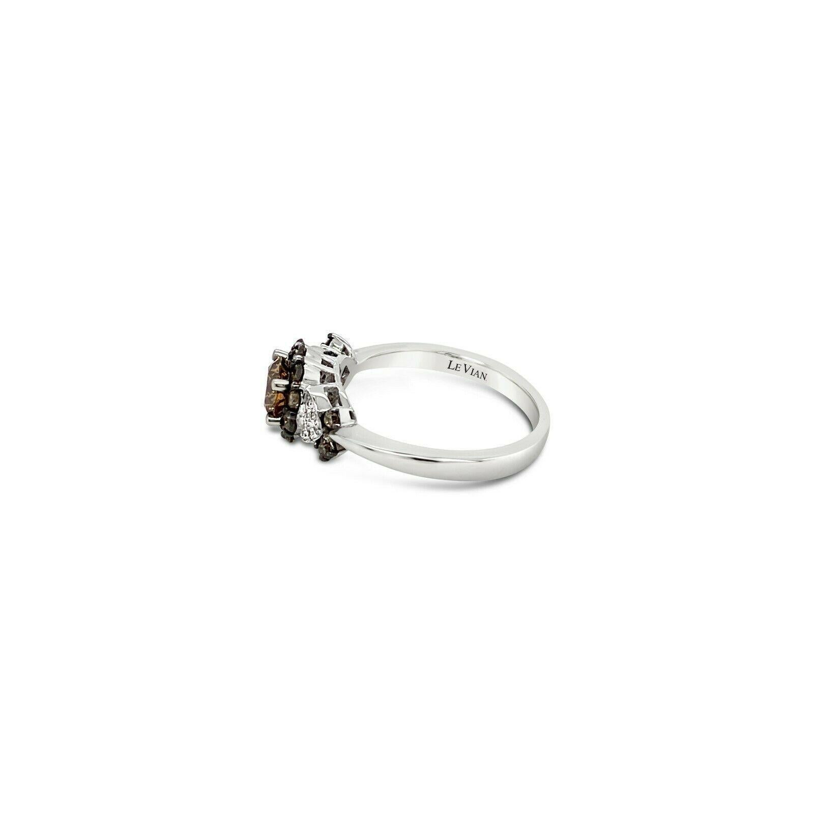LeVian 14K White Gold Round Chocolate Brown Diamond Pretty Halo Cocktail Ring In New Condition For Sale In Great Neck, NY