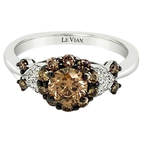 LeVian 14K White Gold Round Chocolate Brown Diamond Pretty Halo Cocktail Ring For Sale