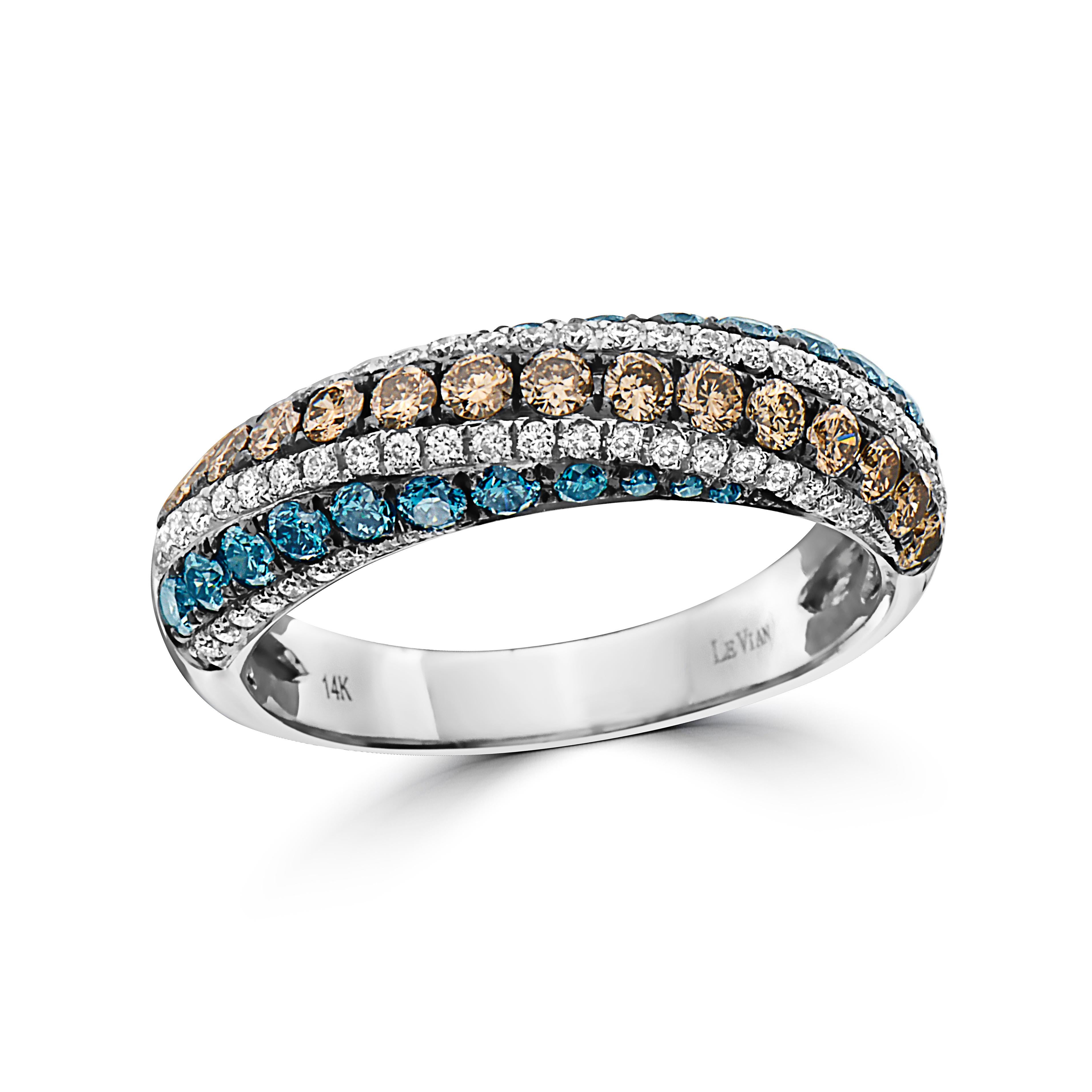 LeVian 14K White Gold Round Iced Blue Chocolate Brown Diamond Cocktail Ring
