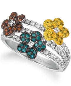 LeVian 14K White Gold Round Multi-Color Diamond Classic Flower Cocktail Ring