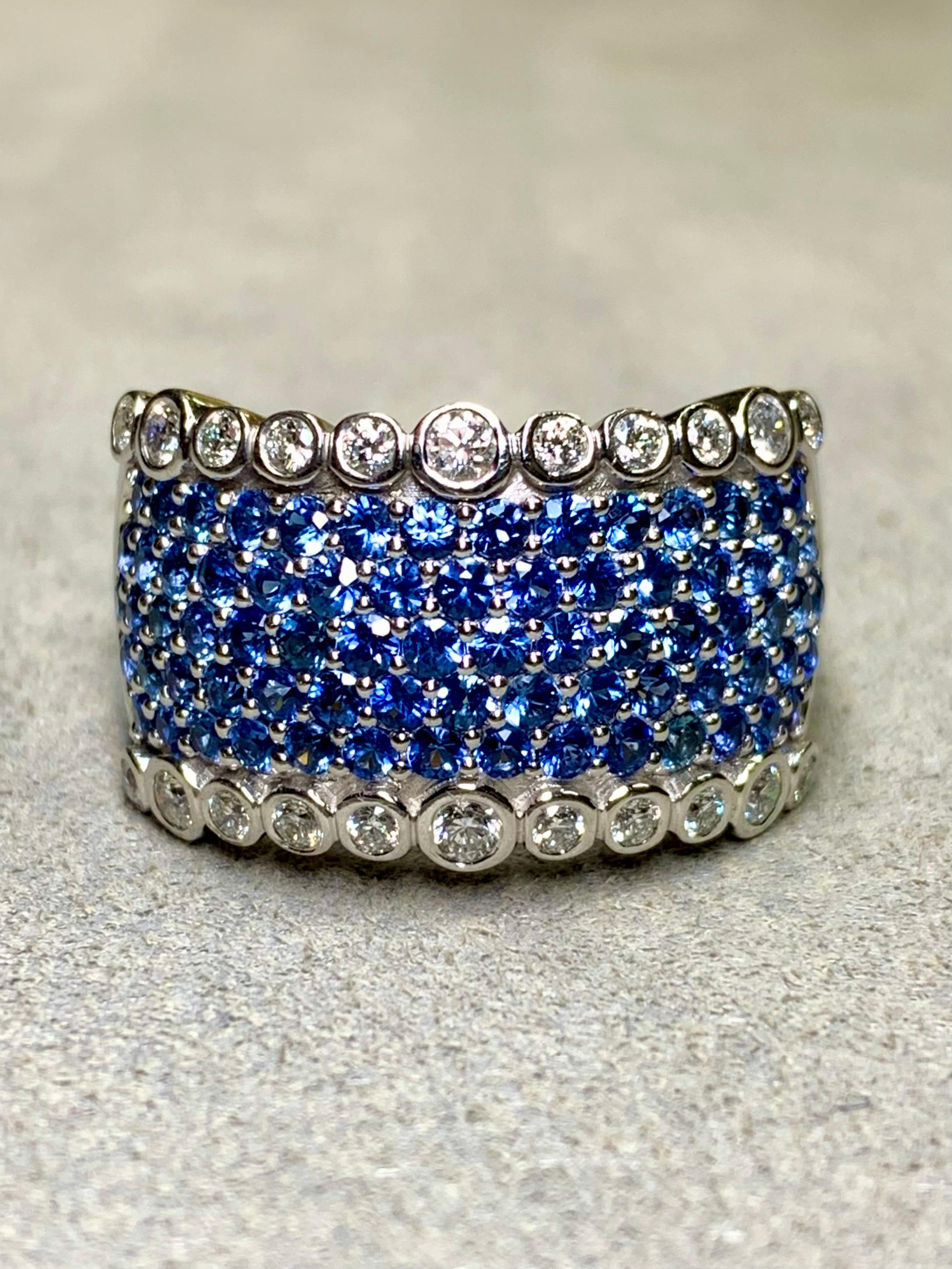 Contemporary LeVian 14K White Gold Sapphire Diamond Wide Band Bubble Cocktail Ring 4.50ctw For Sale